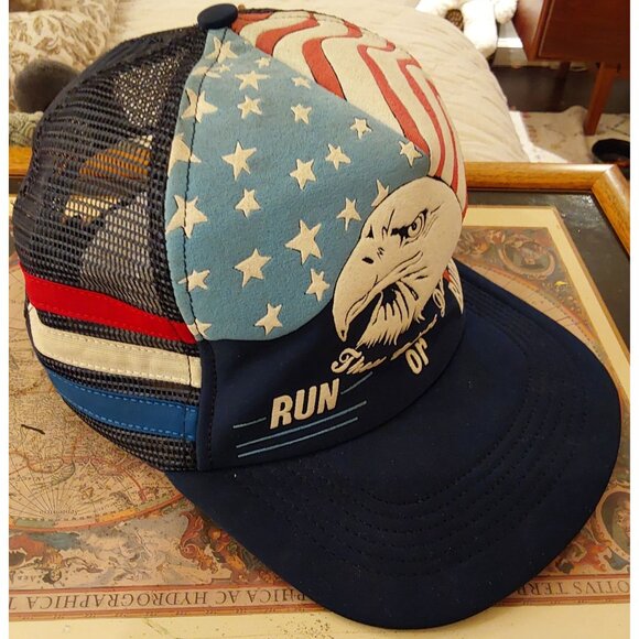 Vintage Patriotic Eagle Trucker Hat "Run Or Burn" Design Snapback, Red,White, Bl - Picture 3 of 5
